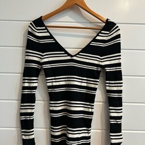 Black and White Striped V-Neck Sweater Dress
